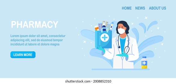 Pharmacy concept. Pharmacist standing and holding medicine bag with pharmacy drug, pills bottle and box for disease treatment. Doctor in drugstore. Vector illustration