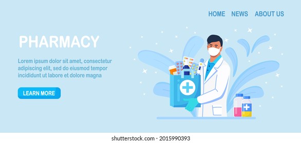 Pharmacy concept. Pharmacist standing and holding shopping bag with medication, pills bottle, prescription drugs, antibiotic for disease treatment. Medical treatment. Vector illustration