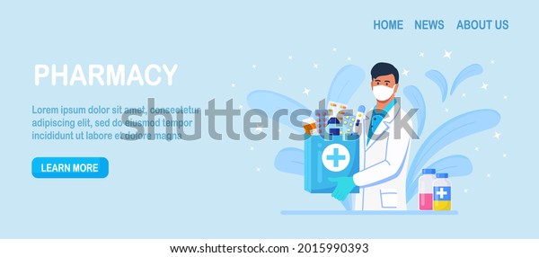 Pharmacy concept. Pharmacist standing and\
holding shopping bag with medication, pills bottle, prescription\
drugs, antibiotic for disease treatment. Medical treatment. Vector\
illustration
