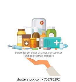 Pharmacy Concept with Pills Capsules. doctor hand holds tray with medicaments
