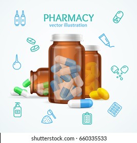 Pharmacy Concept with Pills Capsules in Medical Glass Bottle for Drugstore Business. Vector illustration