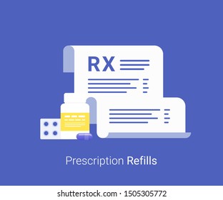 Pharmacy concept. Rx form and pills. Healthcare, hospital and medical diagnostics. Trendy flat style. Vector illustration.