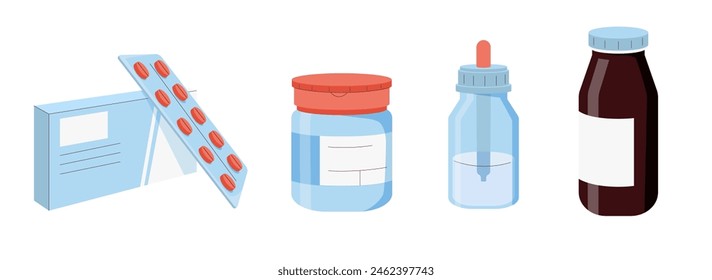 Conjunto de conceptos de farmacia. Colección de píldoras, suplementos, cápsulas y otras drogas y medicinas en frascos y ampollas. Ilustración vectorial
