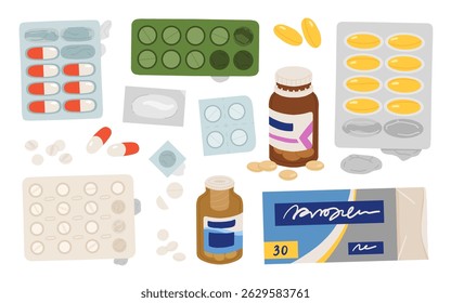 Pharmacy concept set. Collection of pills, supplements, capsules and other drugs and medications in bottles and blisters. Cartoon flat vector illustration
