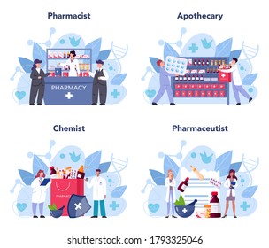 Pharmacy concept set. Pharmacist holding a bag with pharmacy drug in bottle and box for disease treatment. Healthcare and medical treatment concept. Isolated vector illustration