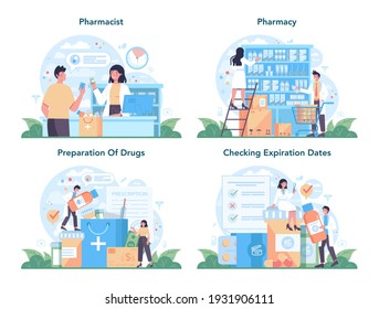 Pharmacy concept set. Pharmacist preparing and selling drugs in bottle and box for disease treatment. Healthcare and medical treatment concept. Isolated vector illustration