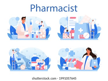 Pharmacy concept set. Pharmacist preparing and selling drugs in bottle and box for disease treatment. Healthcare and medical treatment concept. Isolated vector illustration