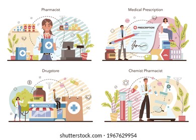 Conjunto de conceptos de farmacia. Farmacéutico vendiendo medicamentos en frasco y caja para la enfermedad