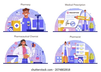 Pharmacy concept set. Pharmacist selling drugs in bottle and box for disease treatment. Healthcare and medical treatment concept. Isolated vector illustration