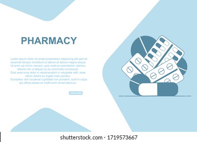 Pharmacy concept with symbols. Pharmacy web banner. Health and pharmacy, sale of medicines. Flat vector.