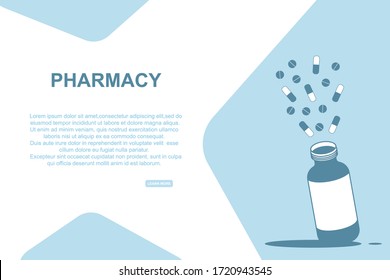 Pharmacy concept with symbols. Pharmacy web banner. Health and pharmacy, sale of medicines. Flat vector.