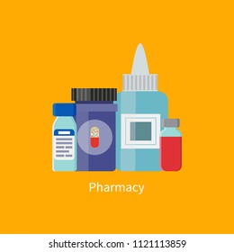 Pharmacy containers medication poster headline, drops bottles filled with liquids, package and capsule image vector illustration isolated on yellow