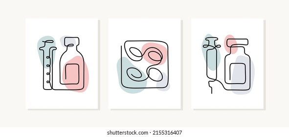 Pharmacy continuous line posters. Medicines illustrations.