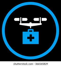 Pharmacy Copter Shipment vector icon. Style is bicolor flat circled symbol, blue and white colors, rounded angles, black background.