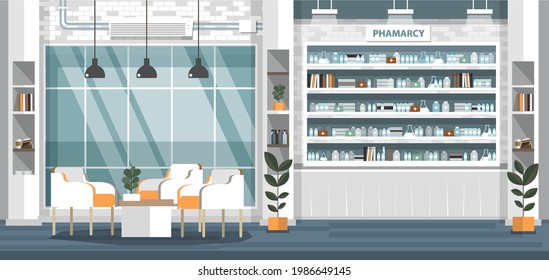 Pharmacy Counter. drugstore cartoon character design vector illustration.