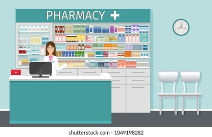 Pharmacy counter with pharmacist. Drugstore interior with showcases with medicines and apothecary female character.