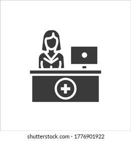 Pharmacy Counter With Pharmacist Glyph Black Icon. Nursing Service Concept. Hospital Sign. Pictogram For Web, Mobile App, Promo. UI UX Design Template