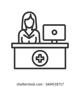 Pharmacy Counter With Pharmacist Line Black Icon. Nursing Service Concept. Hospital Sign. Pictogram For Web, Mobile App, Promo. UI UX Design Template. Editable Stroke.