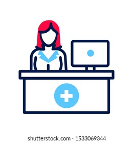 Pharmacy Counter With Pharmacist Line Color Icon. Nursing Service Concept. Hospital Sign. Pictogram For Web, Mobile App, Promo. UI/UX Design Template. Editable Stroke.