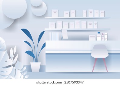 Pharmacy counter with shelves and products modern minimalist interior design with blue and white color palette plants and chair paper cut style