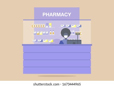 Pharmacy counter, young black female pharmacist wearing a protective mask, coronavirus outbreak