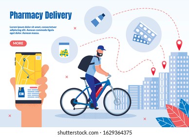 Pharmacy Courier Delivery Service Trendy Flat Vector Web Banner, Landing Page Template. Male Deliveryman Riding Bicycle, Delivering Medicines, Pharmaceutical Products Customers in City Illustration