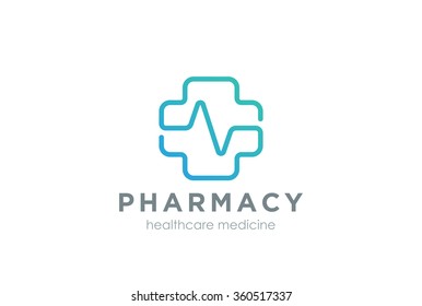 Pharmacy Cross With Cardiogram Line Logo Design Vector Template Linear Style. 
Medical Clinic Healthcare Hospital Logotype. Medicine Icon.