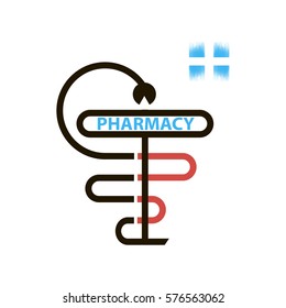 PHARMACY, cross drawn with thin lines. Snake with a cup