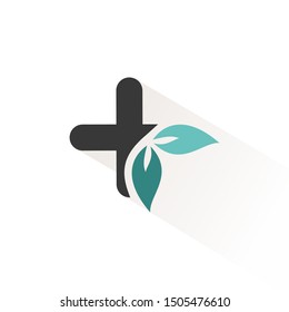 Pharmacy cross with leaves. Flat icon with beige shade. Vector illustration