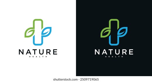 Pharmacy cross logo design with organic leaves, for medical and hospital emergency help. Premium Vector