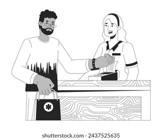 Pharmacy customer paying through nfc watch black and white 2D line cartoon characters. Medication buying man isolated vector outline people. Contactless terminal monochromatic flat spot illustration