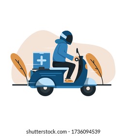 Pharmacy Delivery By Motorcycle. Delivery Your Medicine. Order Drugs Online. Flat Illustration.