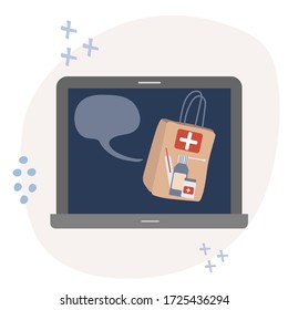 pharmacy delivery mobile app. pills on a laptop screen, service for choosing and ordering medical tools. flat vector illustration