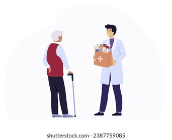 Pharmacy delivery service. Medicines, drungs, pilles delivery. Order online. Door delivery from the drug store. Elderly man and pharmacist. Vector