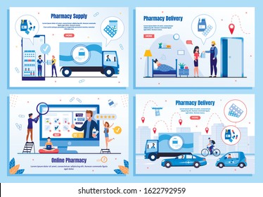 Pharmacy Delivery Service Trendy Flat Vector Web Banners, Landing Pages Set. Supplier Delivering Order to Drugstore, Customers Purchasing Medicines in Internet, Couriers Shipping Goods Illustration