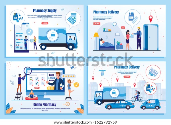Pharmacy Delivery Service Trendy Flat Vector\
Web Banners, Landing Pages Set. Supplier Delivering Order to\
Drugstore, Customers Purchasing Medicines in Internet, Couriers\
Shipping Goods\
Illustration