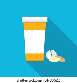Pharmacy design with place for your text. Pill botlle and pills. Empty template. Flat style blank template design.