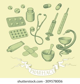 Pharmacy. Design set. Hand drawn engraving. Vector vintage illustration. 8 EPS