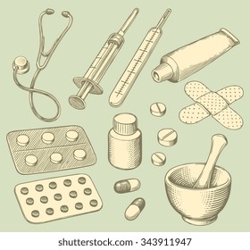 Pharmacy. Design Set. Hand Drawn Engraving. Vector Vintage Illustration. 8 EPS 