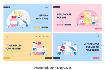 Pharmacy, Disease Treatment in Hospital, Healthcare Medicine Landing Page Template Set. Doctor Pharmacist Characters in Medical Robe with Pills Bottles, Medication Tablets. Cartoon Vector Illustration