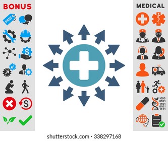 Pharmacy Distribution vector icon with bonus. Style is bicolor flat symbol, cyan and blue colors, rounded angles, white background.