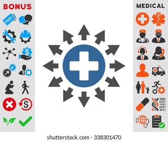 Pharmacy Distribution vector icon with bonus. Style is bicolor flat symbol, cobalt and gray colors, rounded angles, white background.