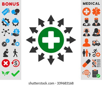 Pharmacy Distribution vector icon with bonus. Style is bicolor flat symbol, green and gray colors, rounded angles, white background.