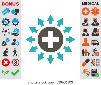 Pharmacy Distribution vector icon with bonus. Style is bicolor flat symbol, grey and cyan colors, rounded angles, white background.
