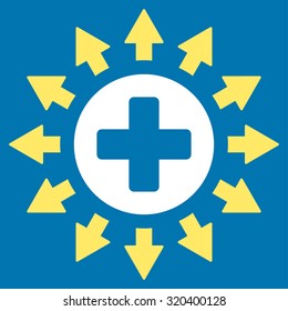 Pharmacy Distribution vector icon. Style is bicolor flat symbol, yellow and white colors, rounded angles, blue background.