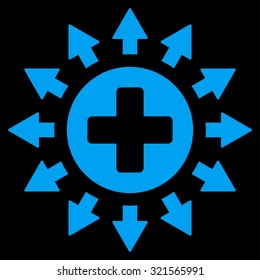 Pharmacy Distribution vector icon. Style is flat symbol, blue color, rounded angles, black background.