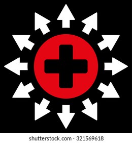 Pharmacy Distribution vector icon. Style is bicolor flat symbol, red and white colors, rounded angles, black background.