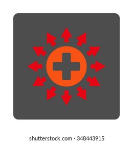 Pharmacy Distribution vector icon. Style is flat rounded square gray button with red symbol, white background.