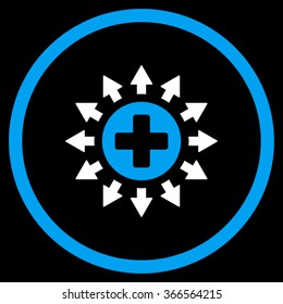 Pharmacy Distribution vector icon. Style is bicolor flat circled symbol, blue and white colors, rounded angles, black background.