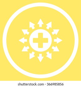 Pharmacy Distribution vector icon. Style is flat circled symbol, white color, rounded angles, yellow background.
